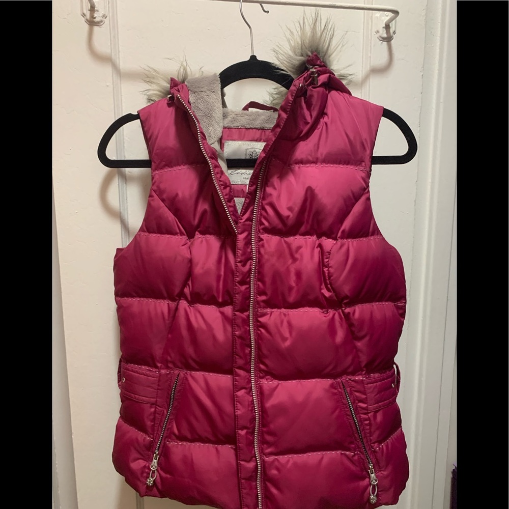 Eddie Bauer pink vest faux fur removable hood